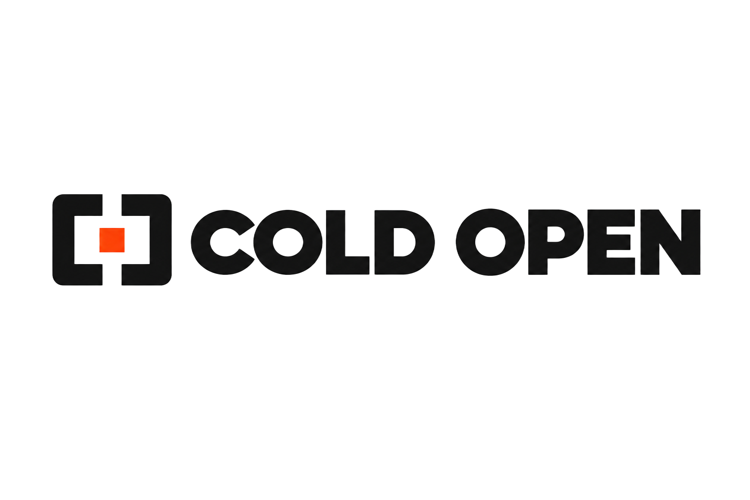Cold Open horizontal logo with open brackets and a red square