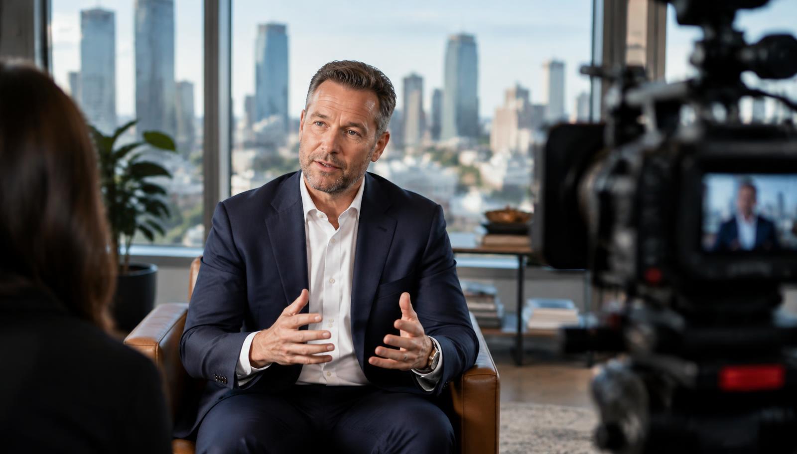 A business executive explaining a complicated issue on camera while a professional production crew films