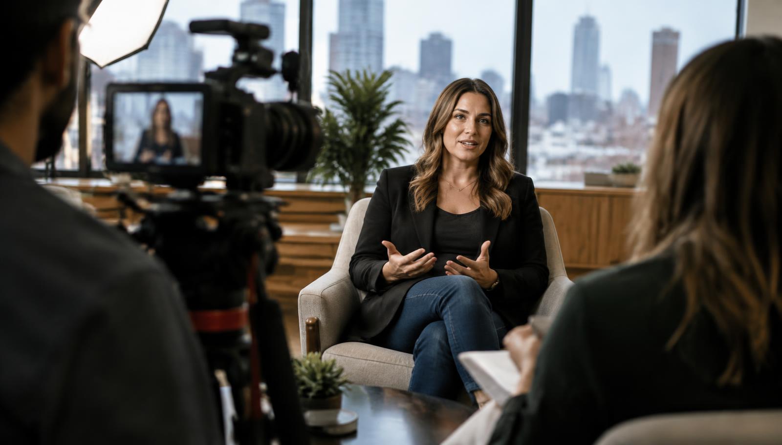 A professional video crew filming a genuine customer testimonial conversation in a modern Minneapolis office