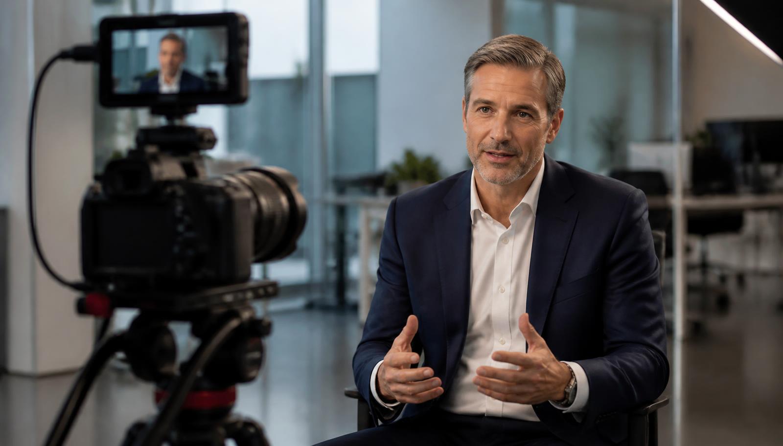 A business leader sharing expertise on camera in a professional office environment