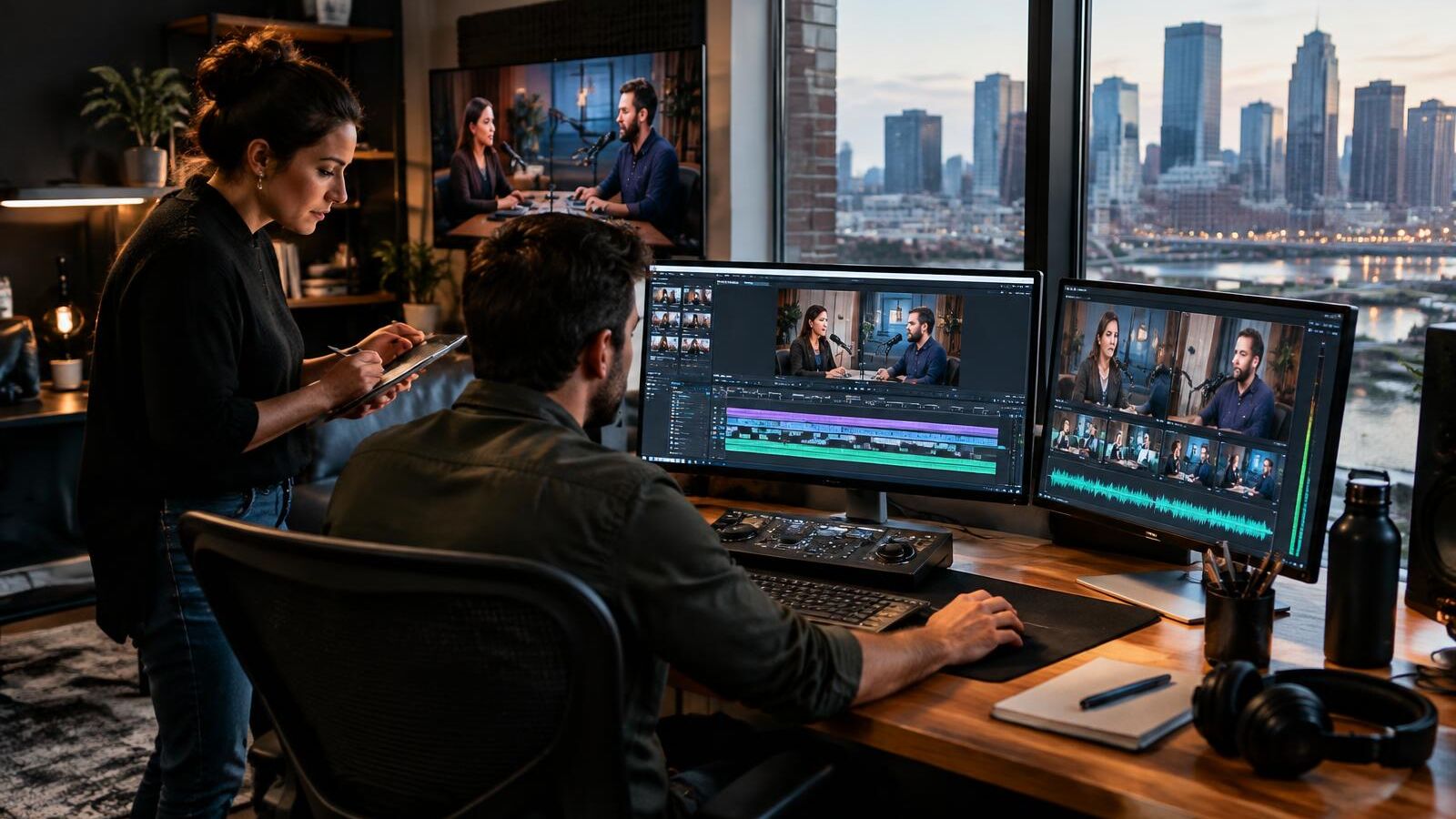 A professional post-production team turning one business podcast recording into content for multiple marketing channels