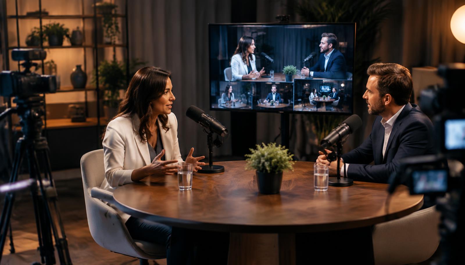 A professionally recorded podcast conversation captured from multiple camera angles in a production studio