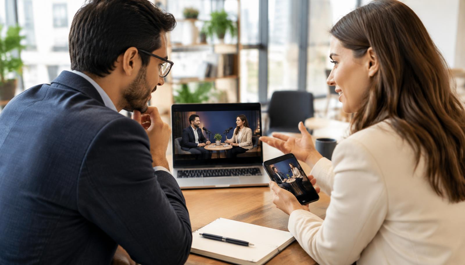 A decision-maker sharing a professionally produced business podcast episode with colleagues during a buying decision