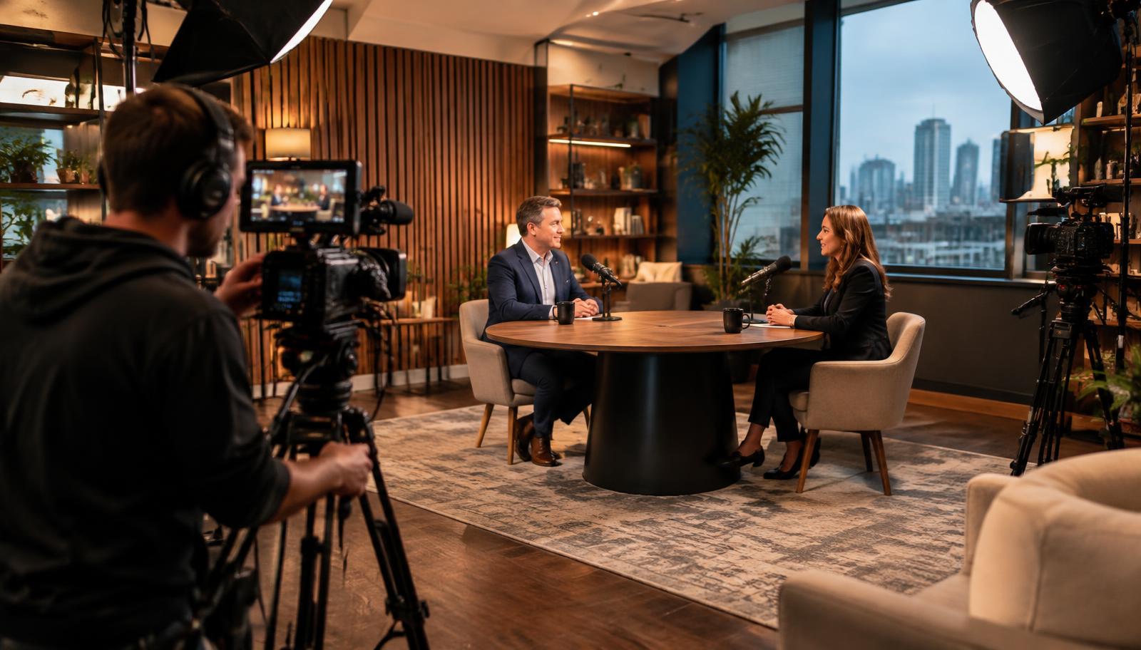 A professional podcast production crew handling cameras and lighting while two business executives focus on their conversation