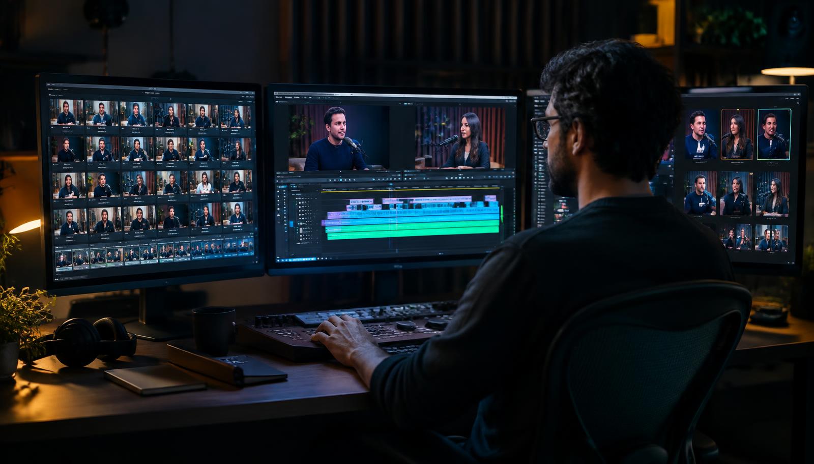 A video editor reviewing a growing library of recorded business podcast episodes in a professional post-production suite