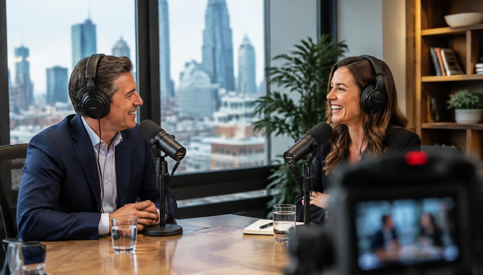 Two business professionals building rapport during a recorded podcast conversation in a modern Minneapolis office