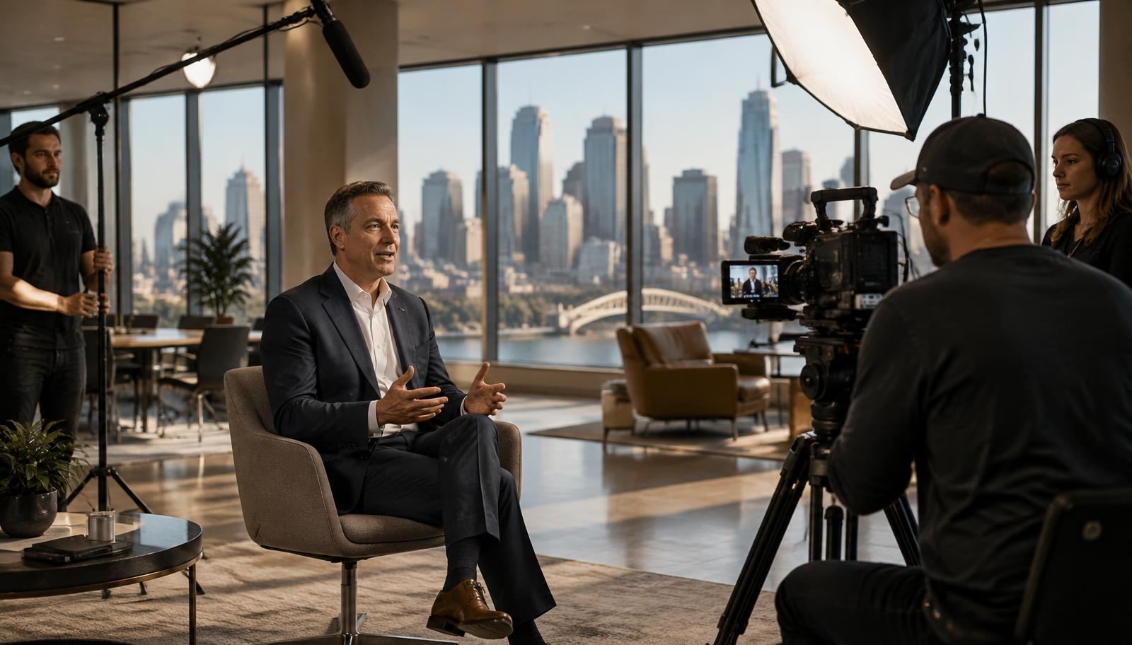 A corporate brand film production with a business leader on camera in a professional Minneapolis studio