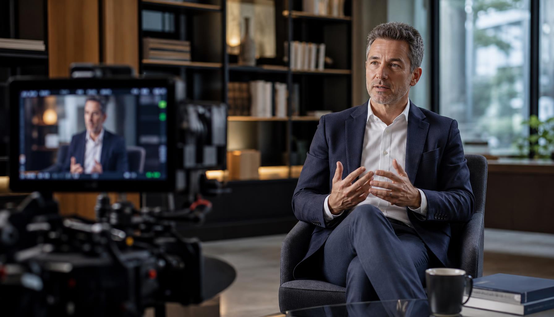 A CEO being filmed for a leadership authority video in a sophisticated office