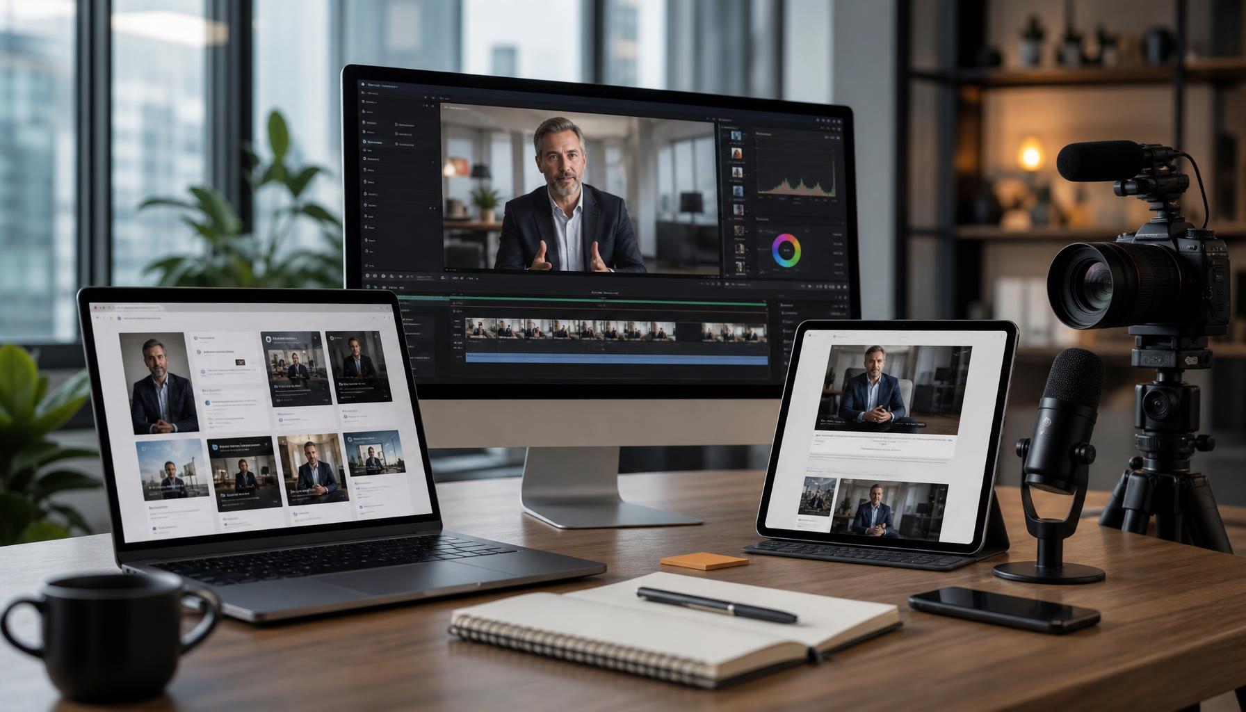 A creative workspace showing CEO video repurposed across multiple marketing channels