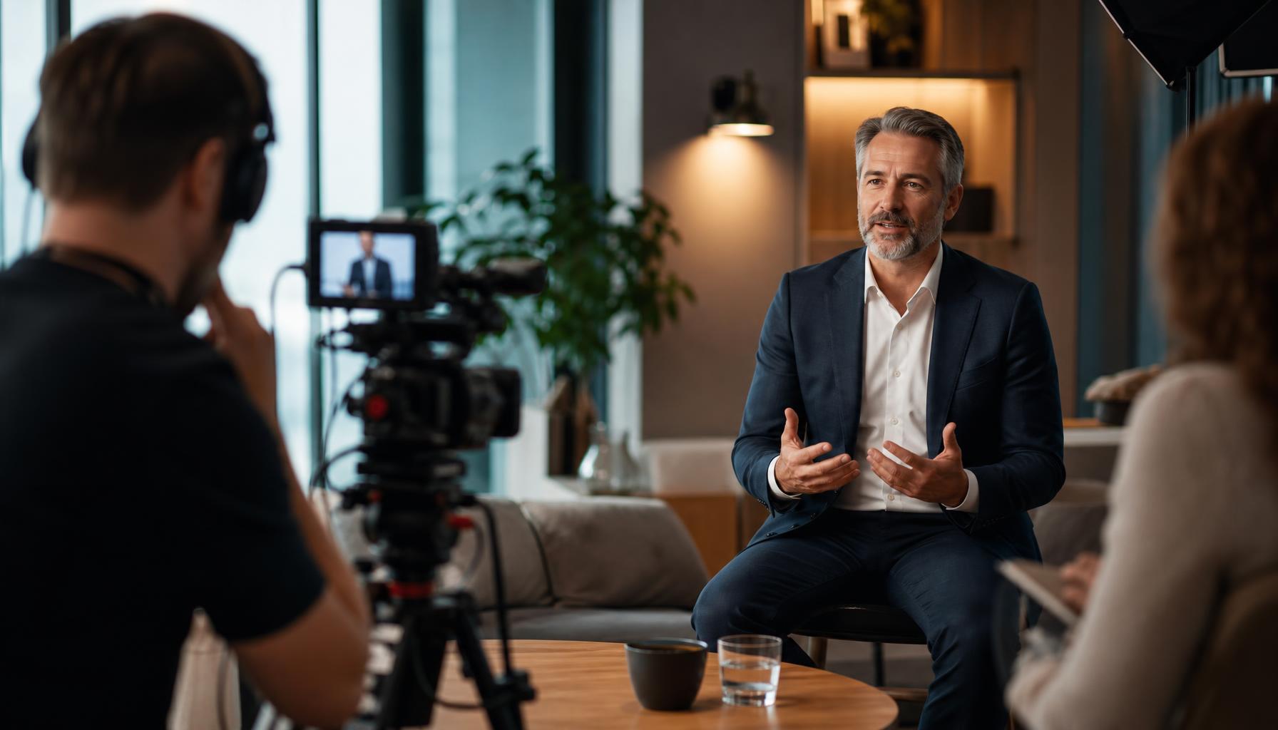 A confident CEO speaking naturally to camera during a professional video production