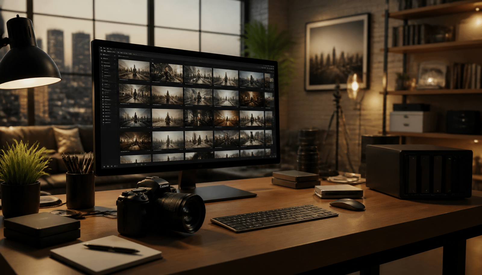 A modern creative workspace showing a business video content library and repurposing workflow