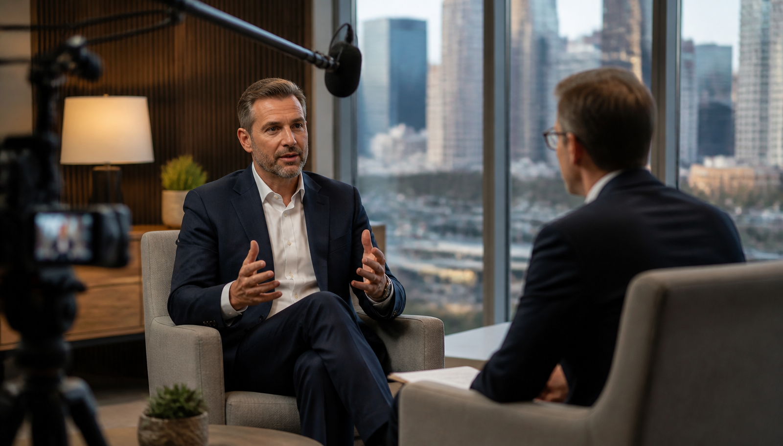 A business leader in a professional video interview setting, building trust with thoughtful conversation