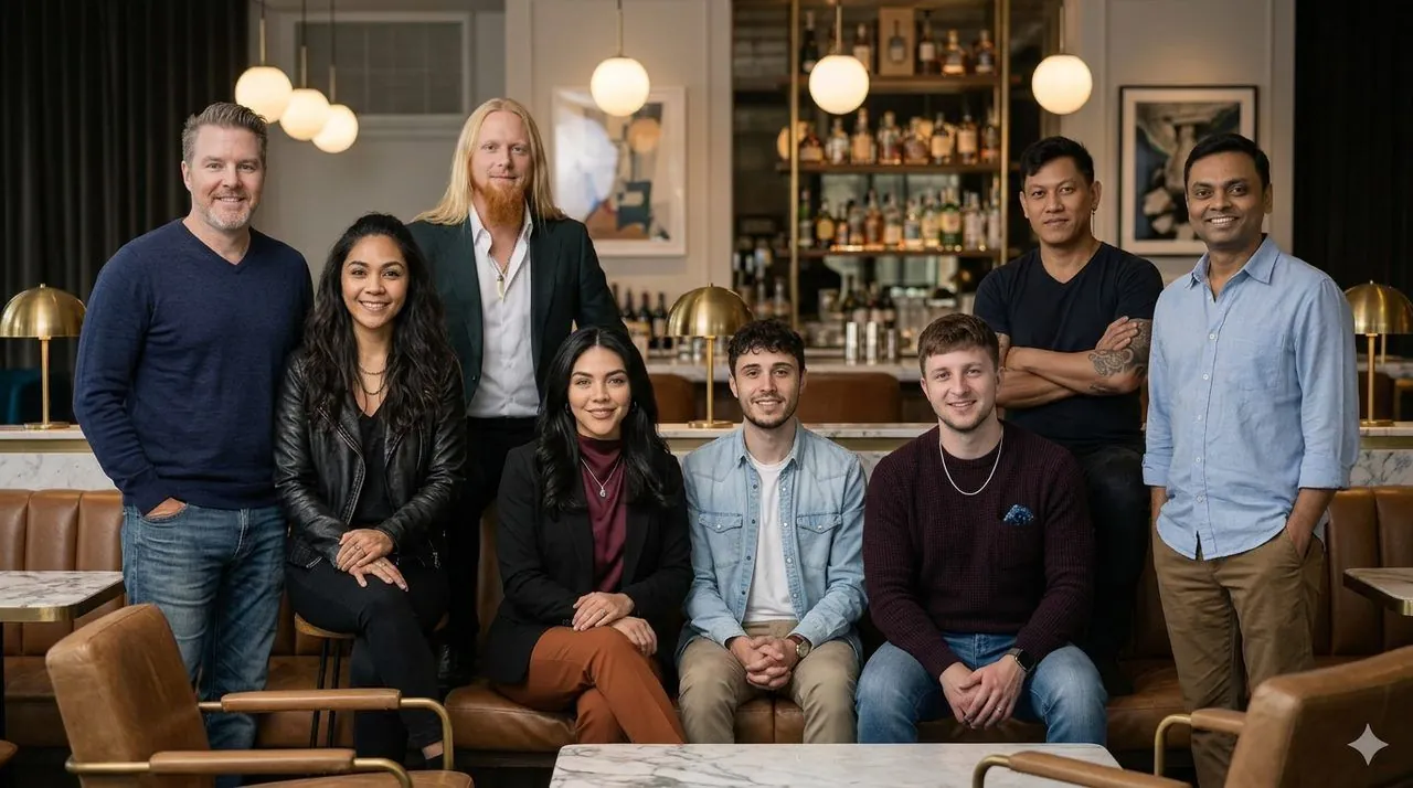 The PodcastCrew team posing together at an upscale lounge