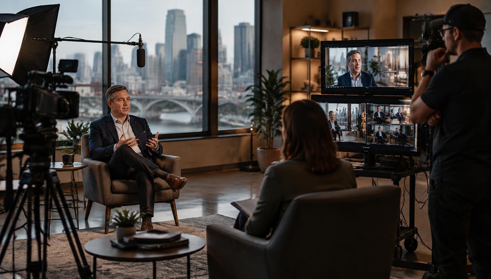 A professional studio recording session where one expert conversation is captured for multiple pieces of content