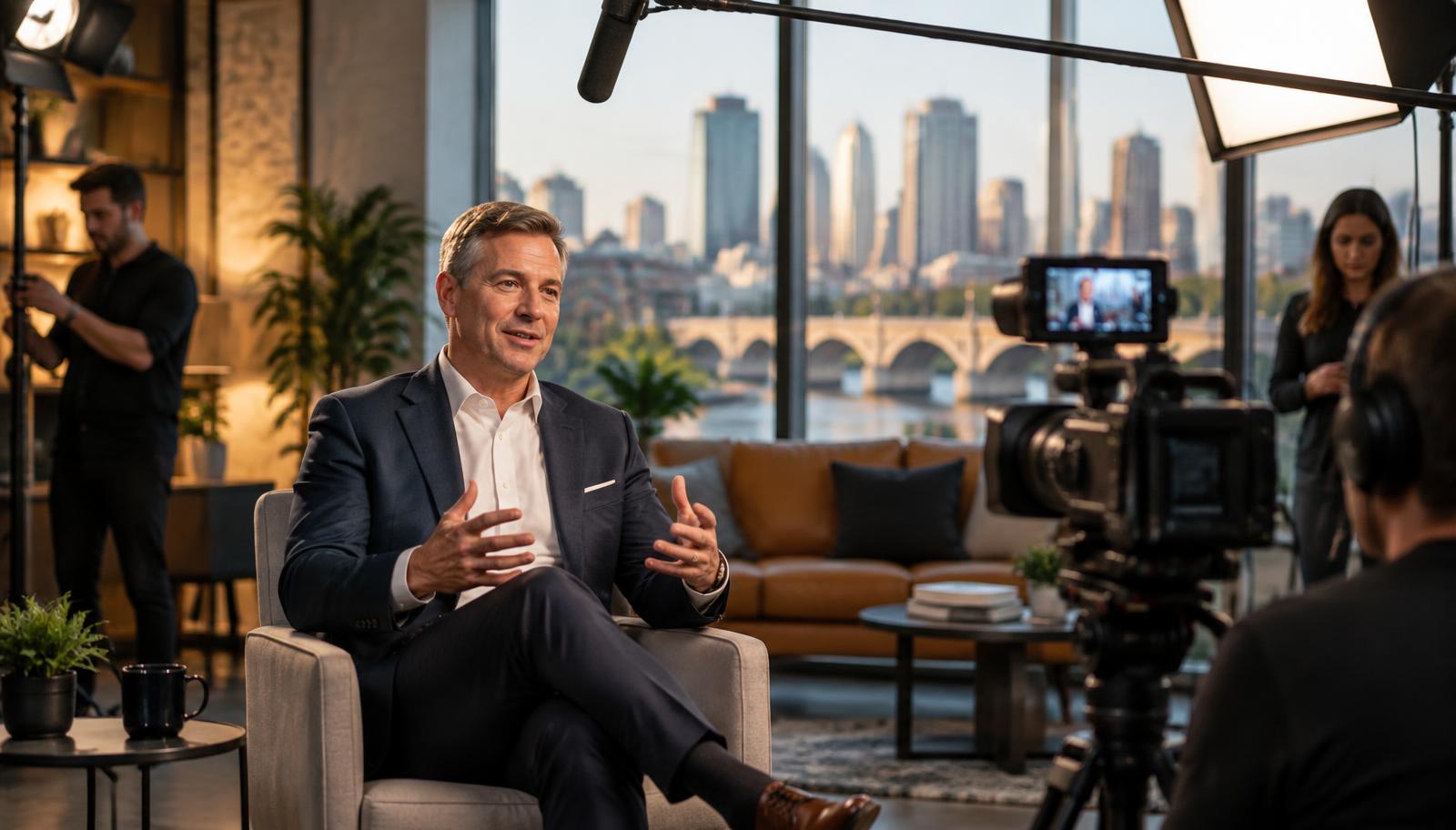 A confident business leader sharing expertise on camera in a professional Minneapolis video studio