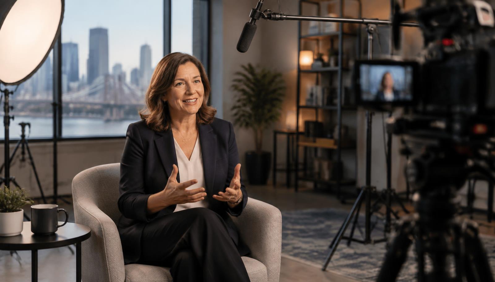 A subject matter expert answering customer questions on camera in a professional video studio