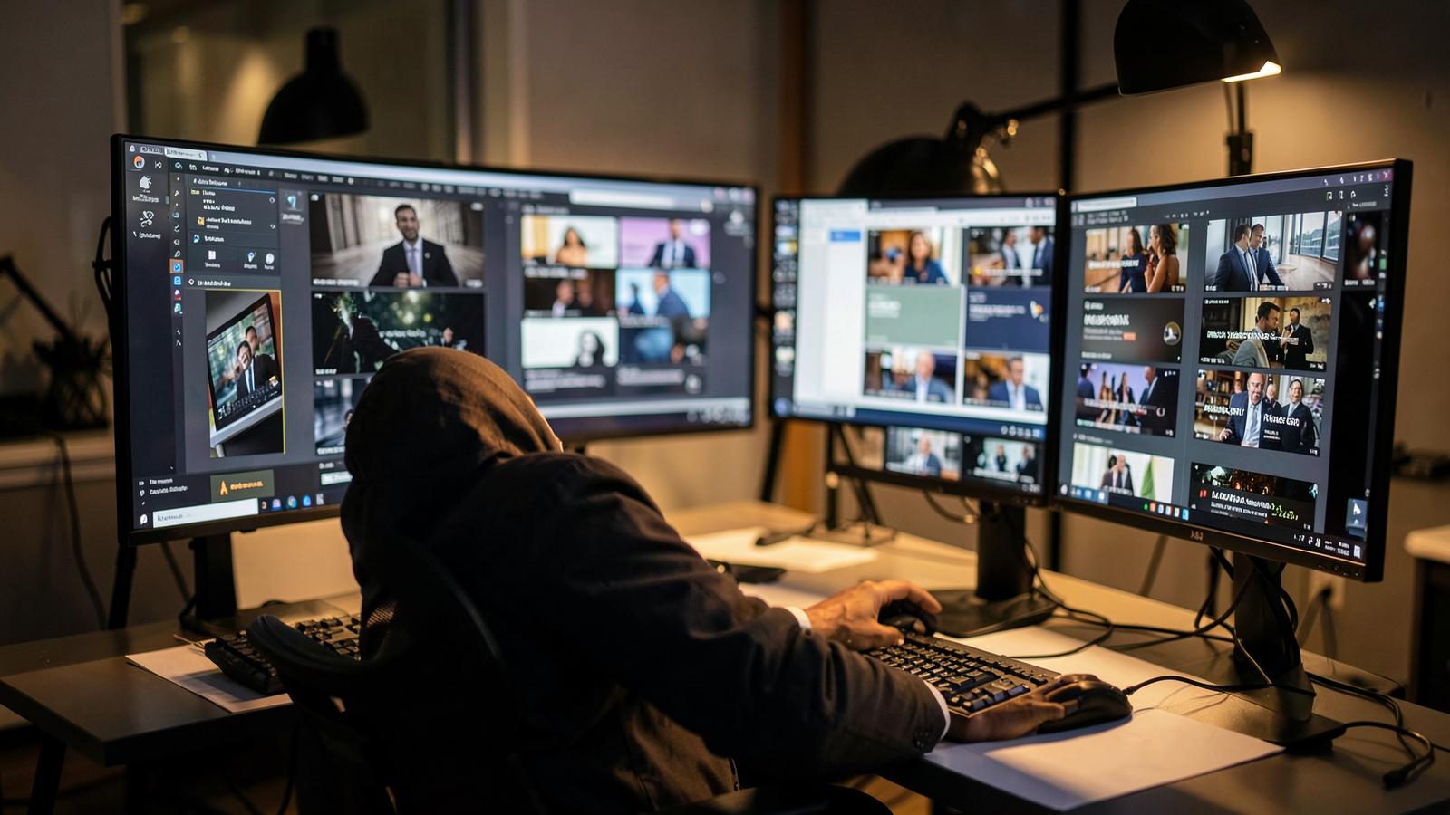 An editor organizing a library of business video assets at a production workstation