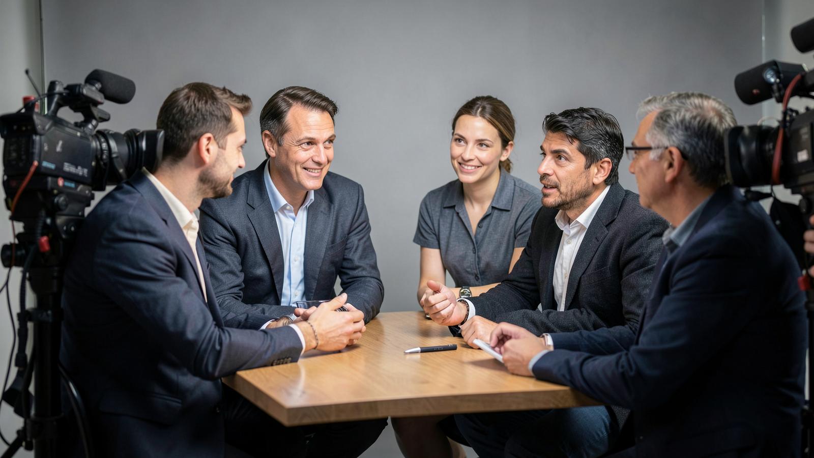 A business team recording an expertise conversation in a professional studio