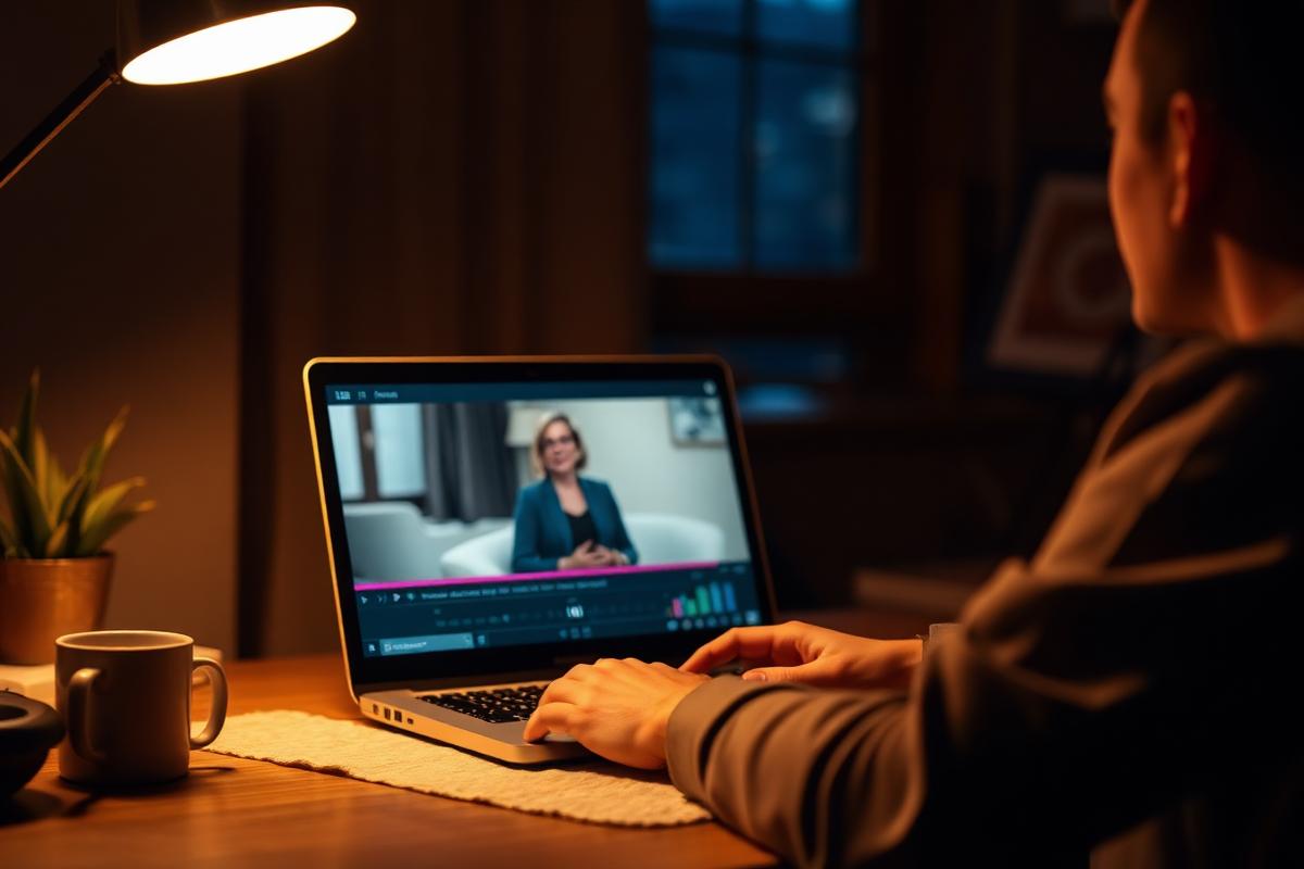 A potential customer watching a professional business video on a laptop late at night