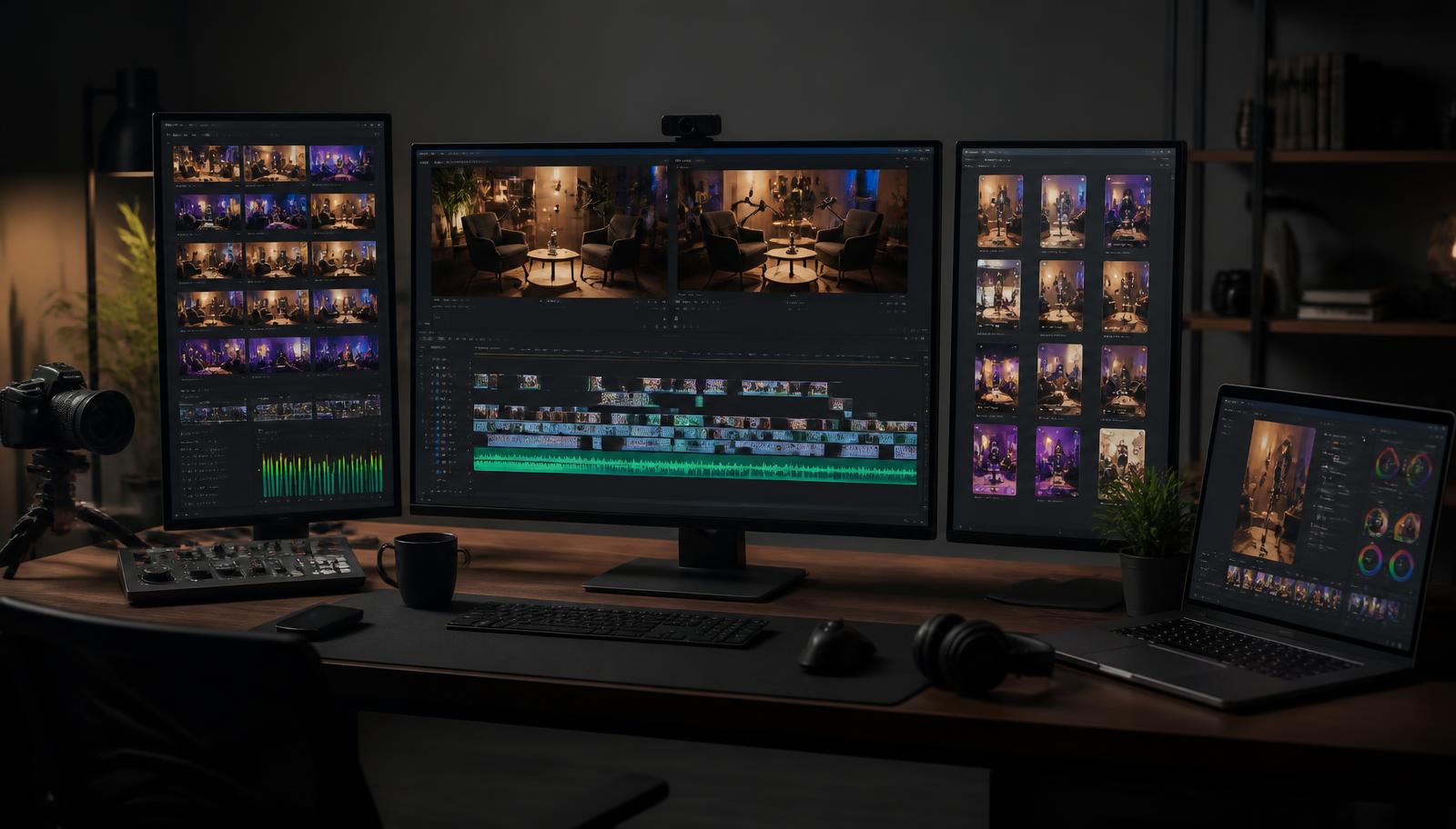 Video editing workstation showing podcast content repurposed into multiple clips