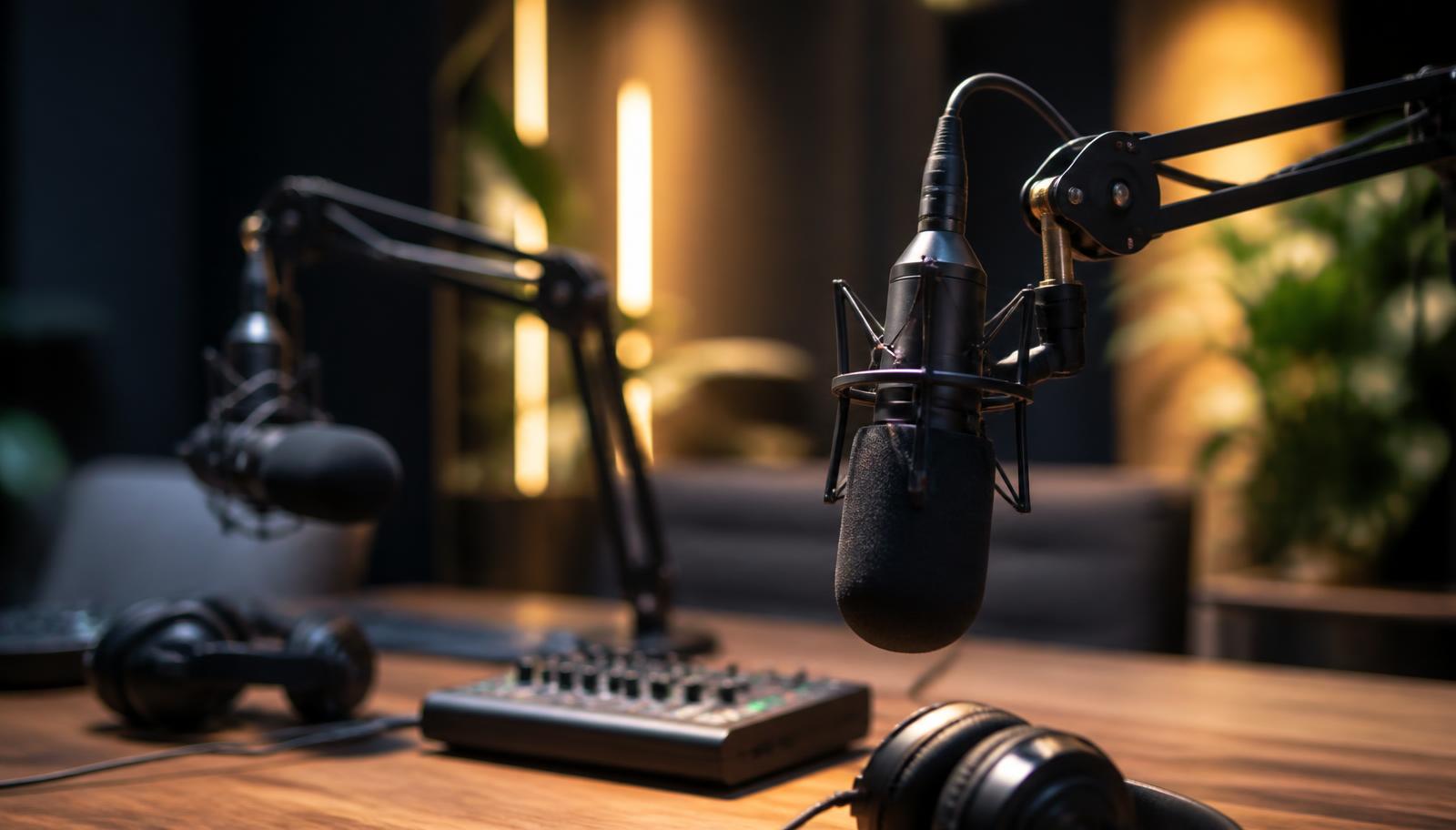 Professional podcast studio with broadcast microphones and headphones ready for a business recording