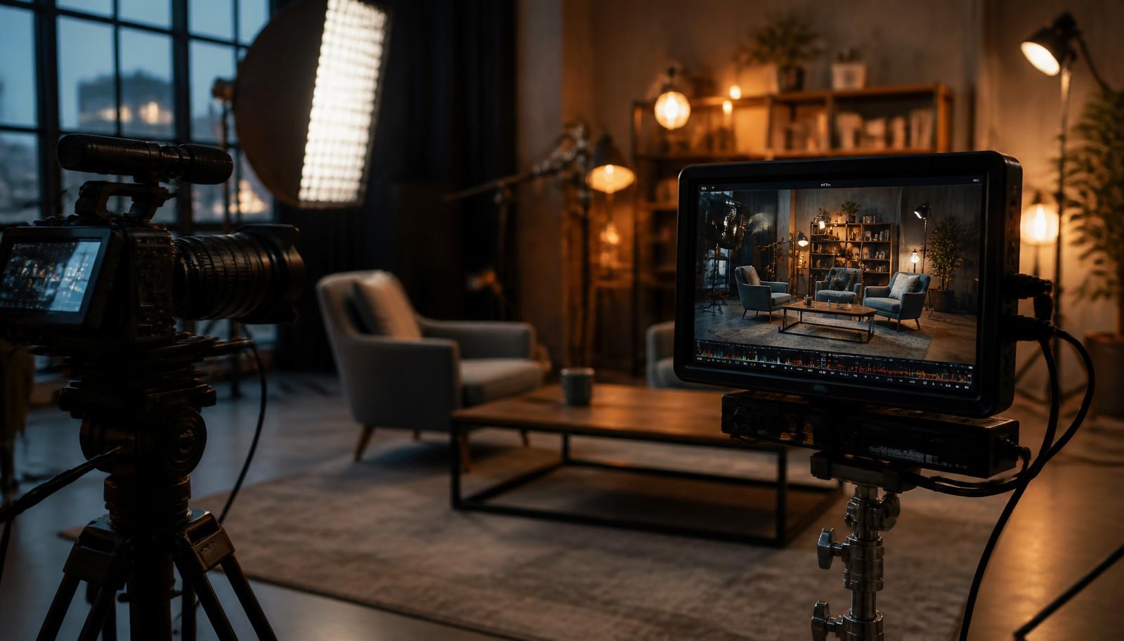 Professional video podcast production setup with multiple cameras and production monitor