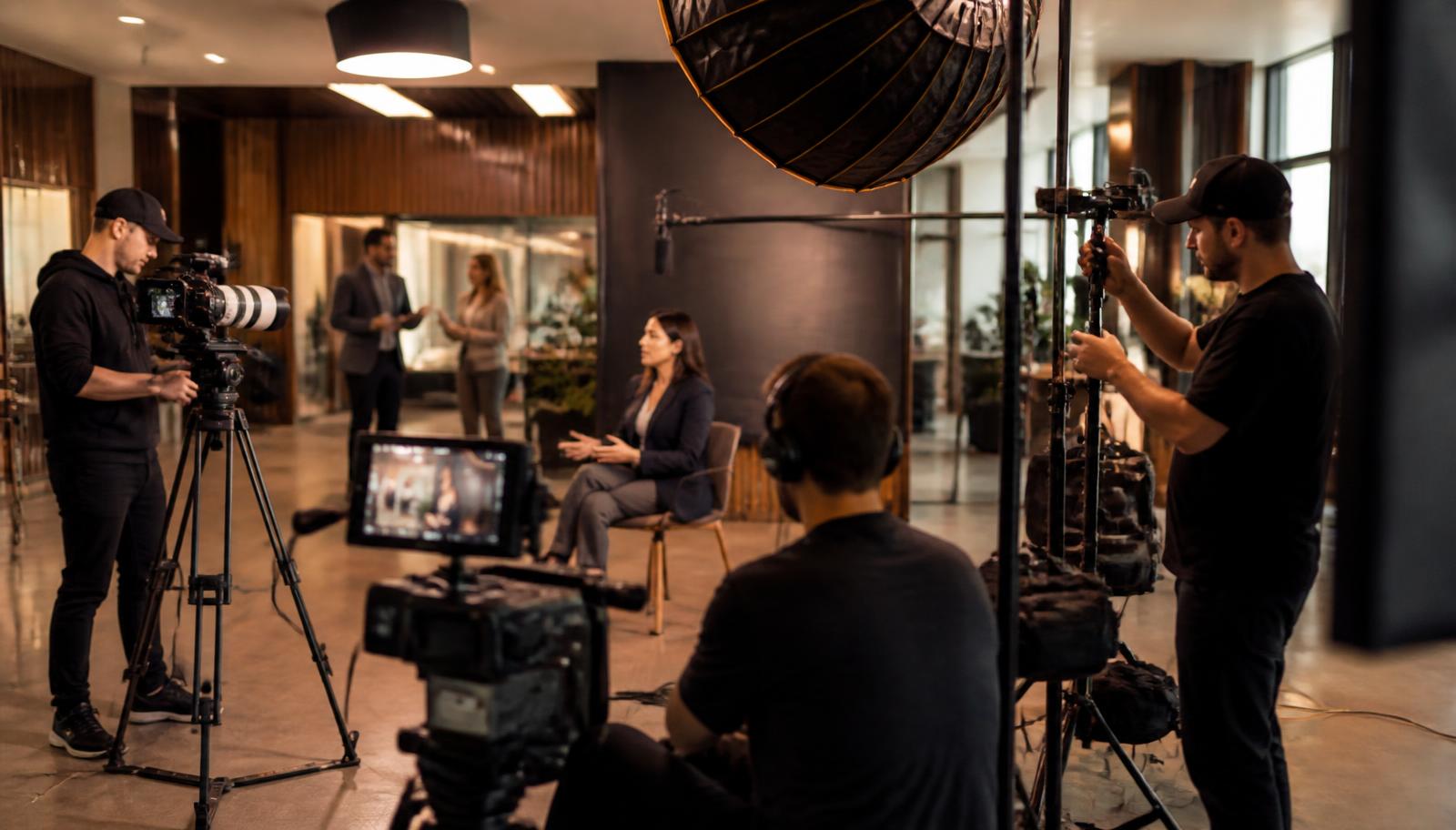 A professional video production day inside a business location with multiple camera setups