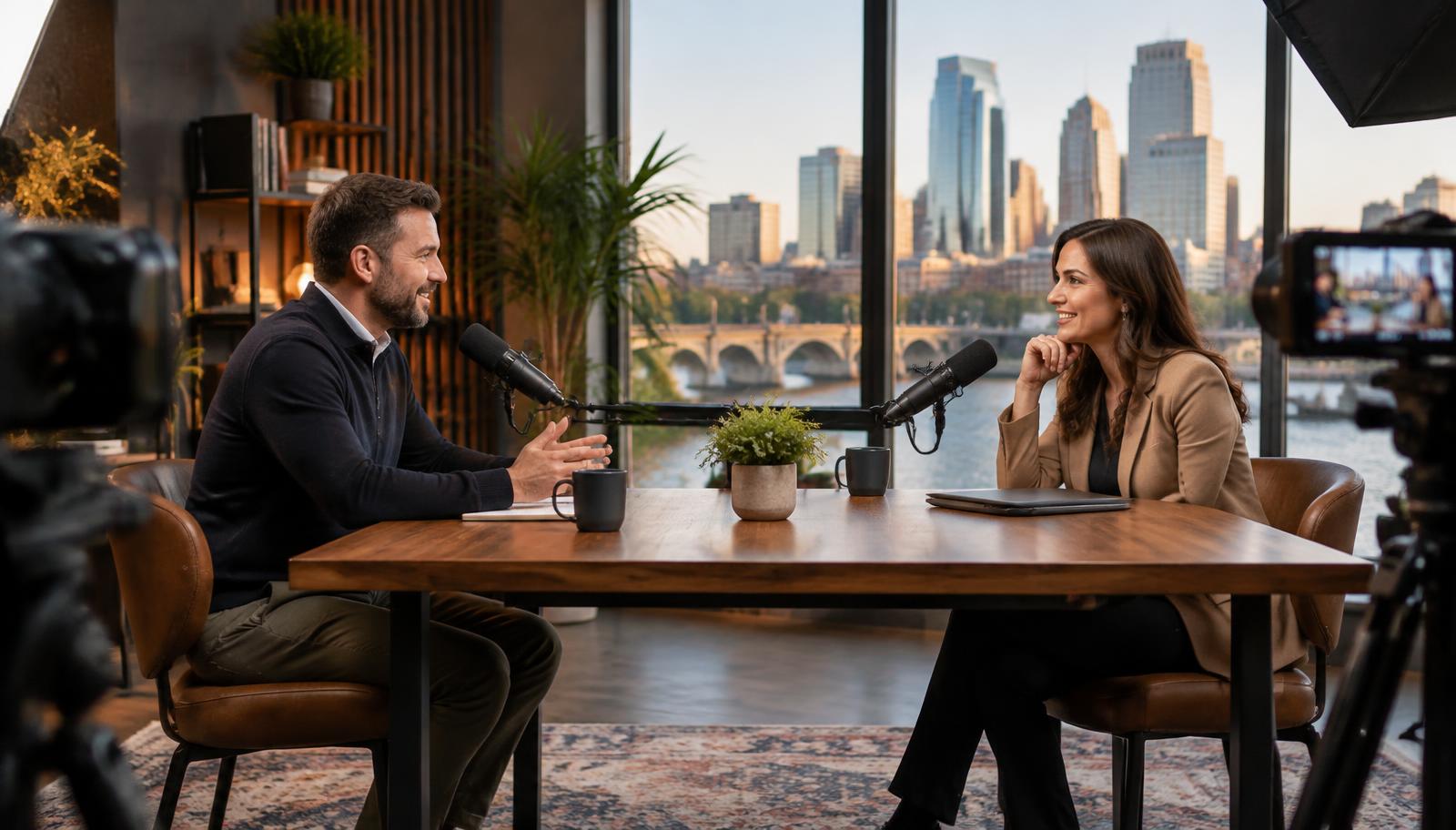 A professional video podcast recording in a modern Minneapolis studio