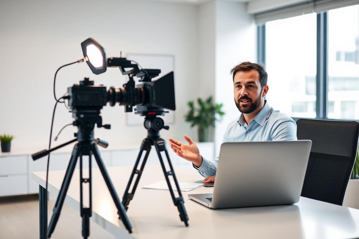 A business expert filming an educational video at a modern office desk