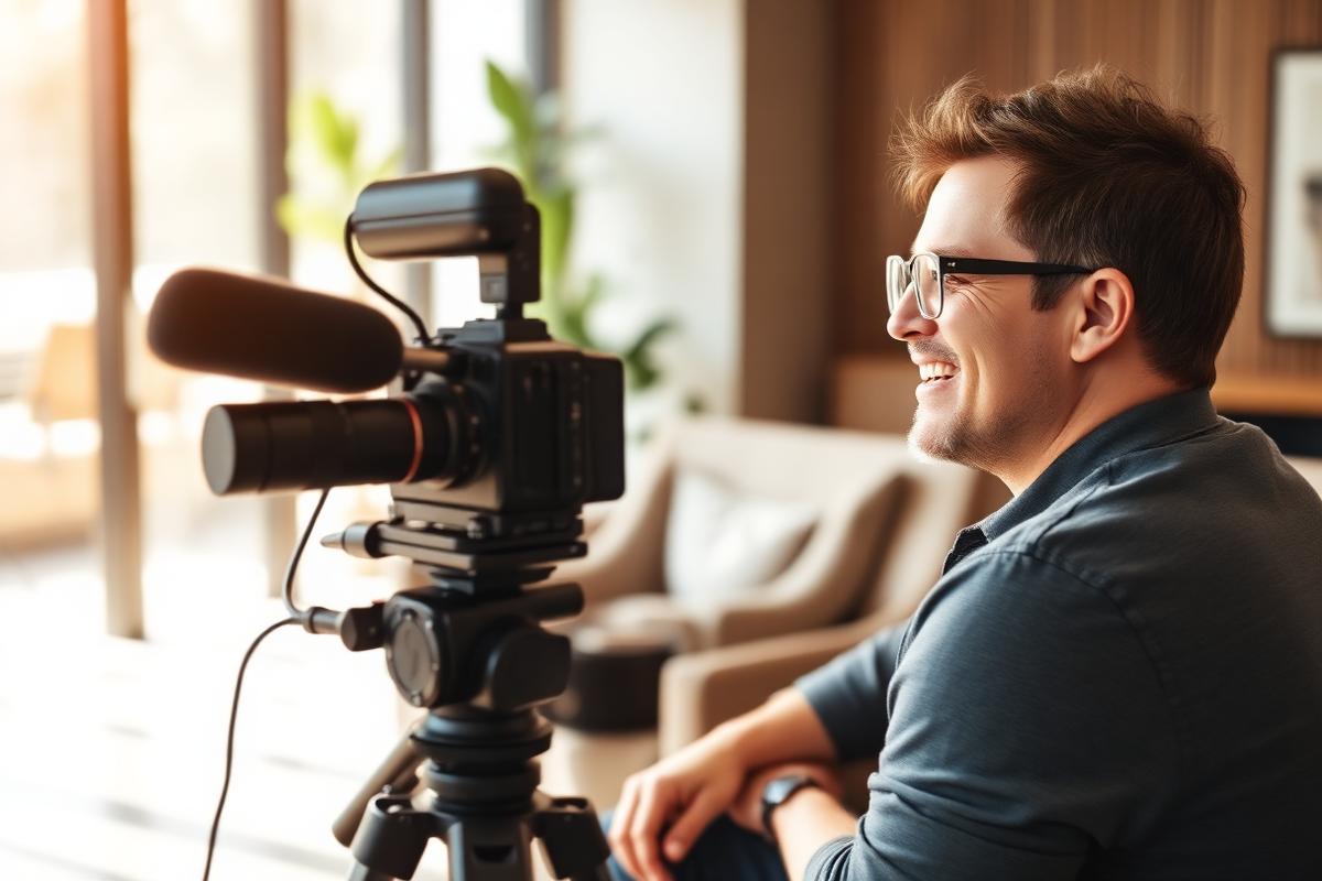 A happy client recording a customer testimonial video in a modern office lounge