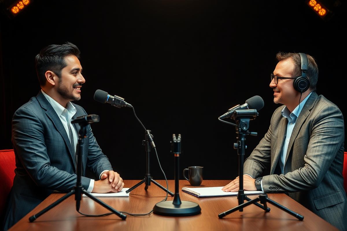 Two business professionals recording a video podcast conversation with broadcast microphones
