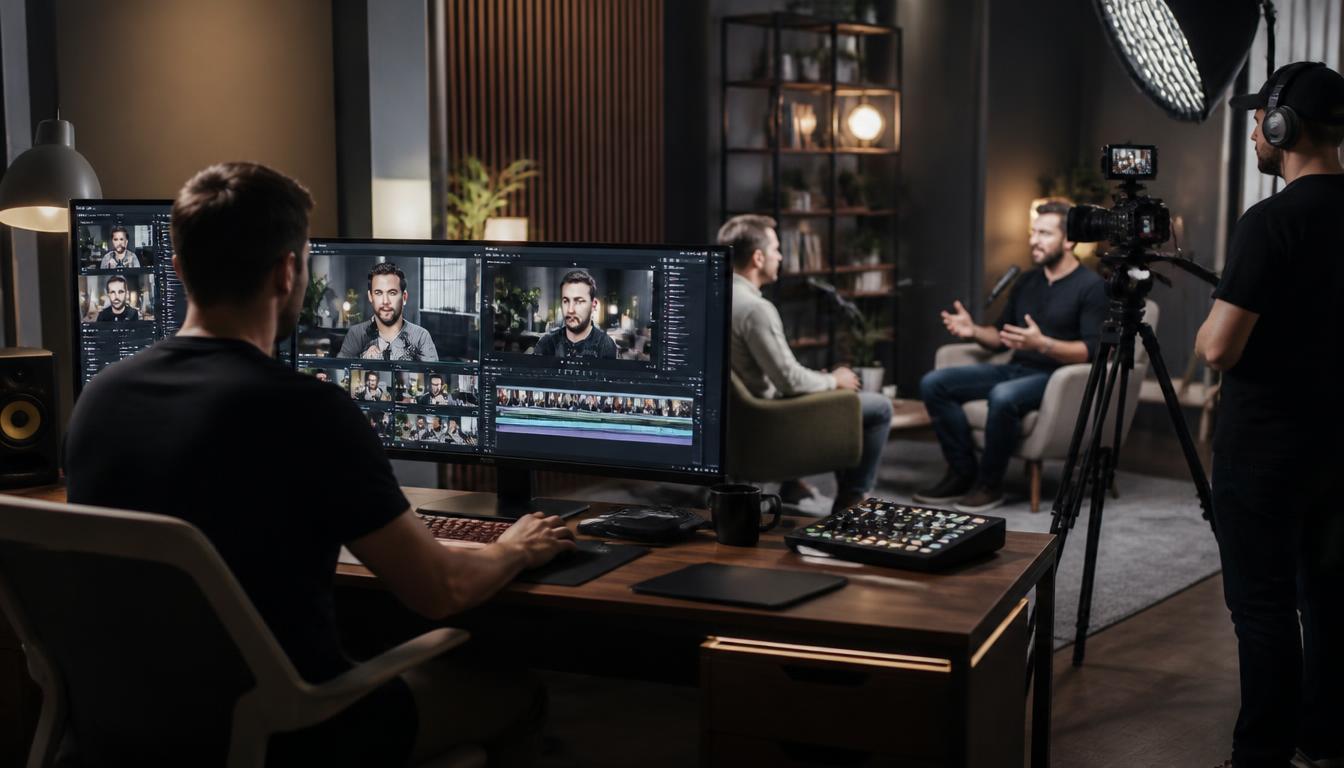 A video production team repurposing a long-form interview into multiple short-form clips