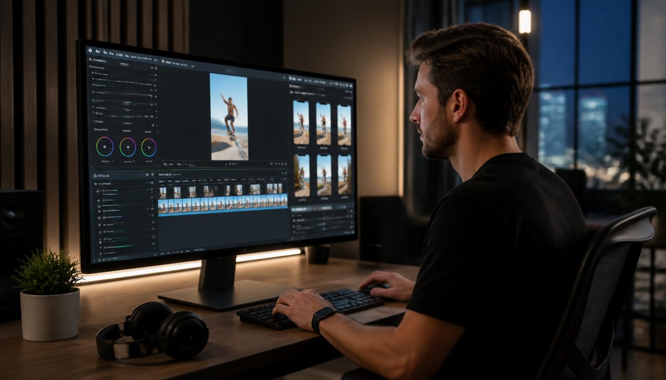 A professional video editor finishing short-form social media clips in a modern editing suite