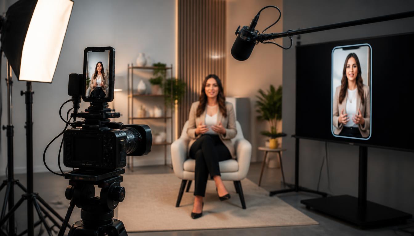 A professional video studio setup filming vertical short-form content for social media