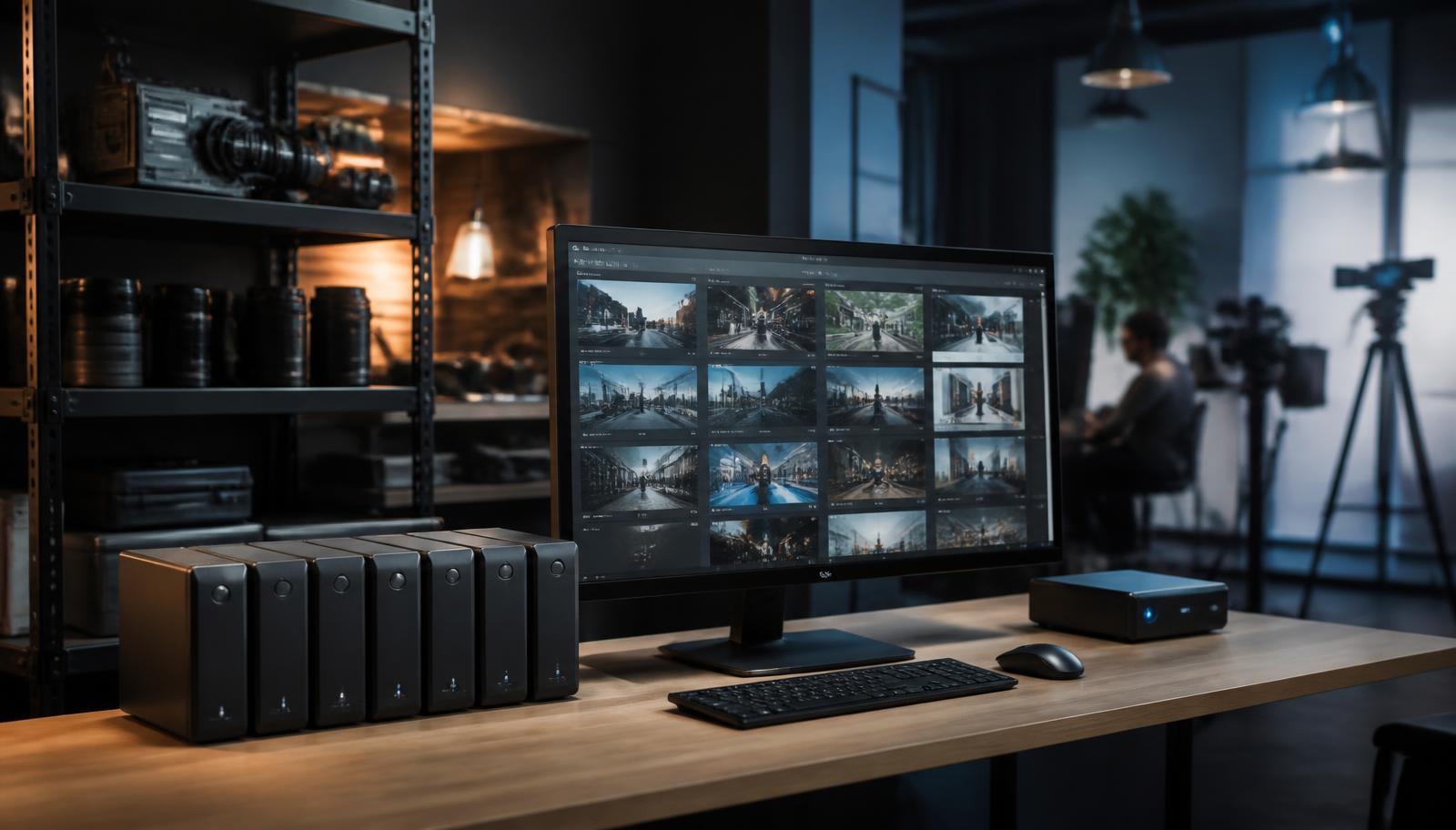 A professional video production studio with organized content library and video archive displayed on monitors