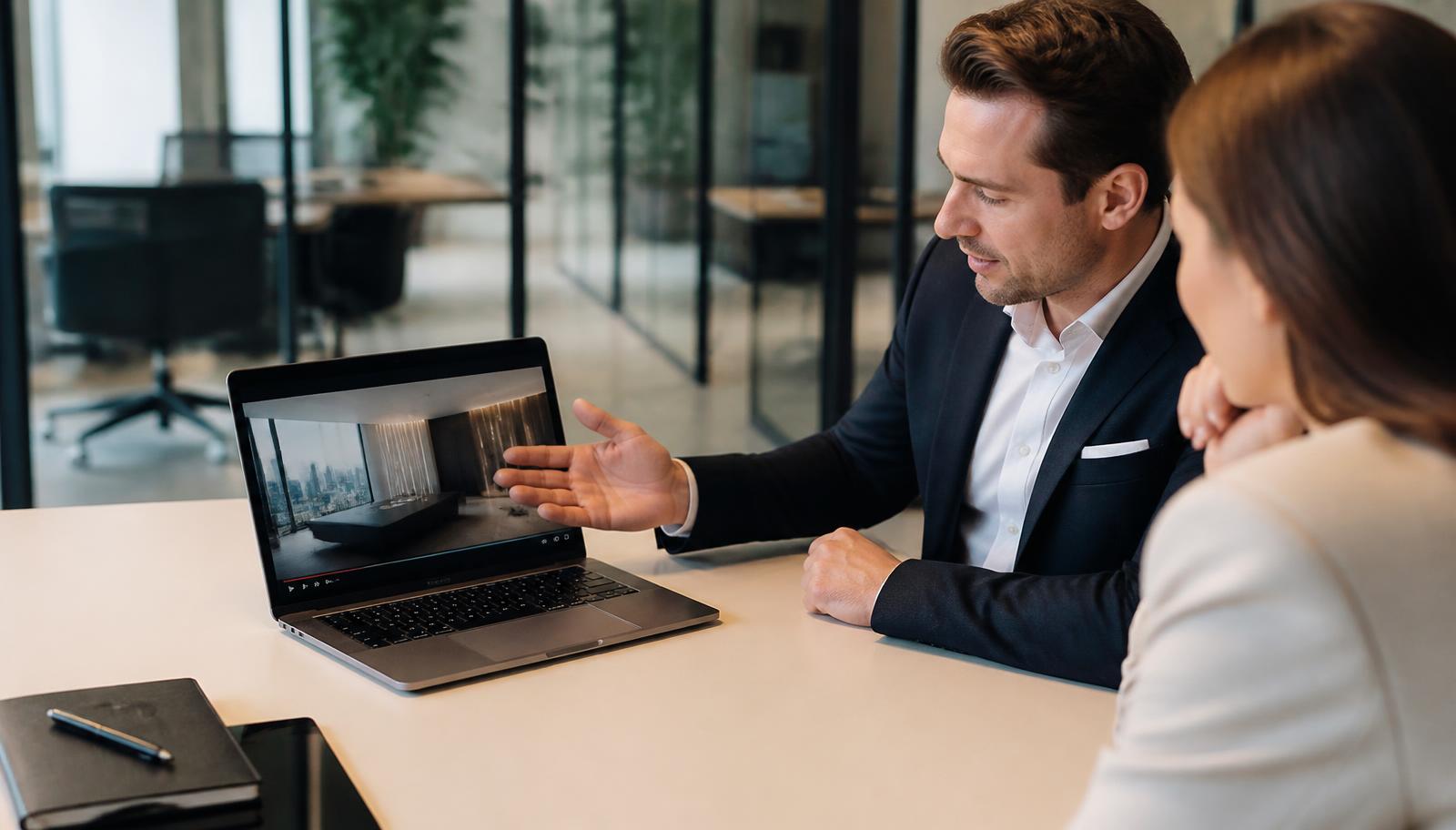 A salesperson using a professional business video during a client meeting