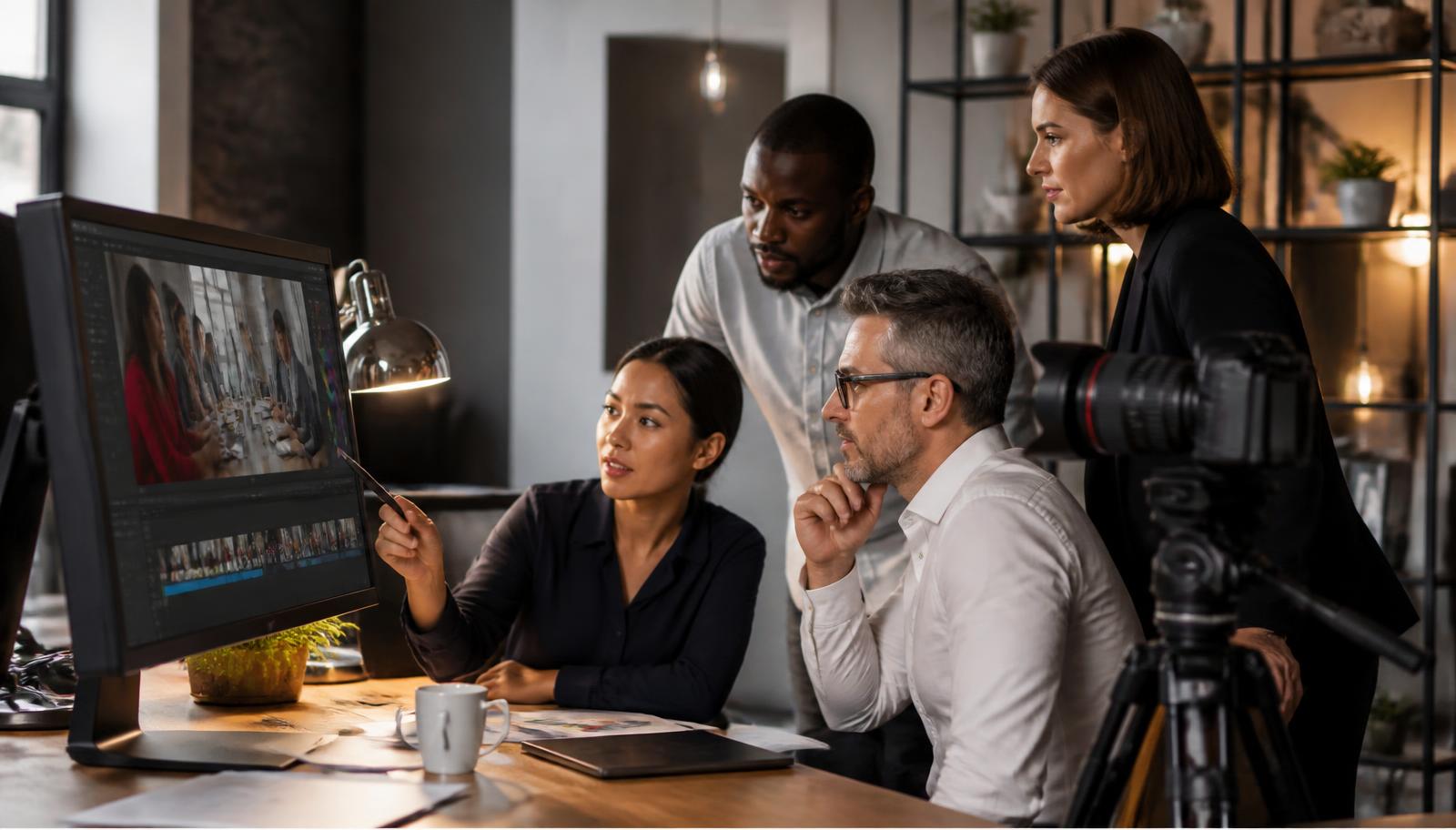 A business team reviewing professional video content together in a modern office