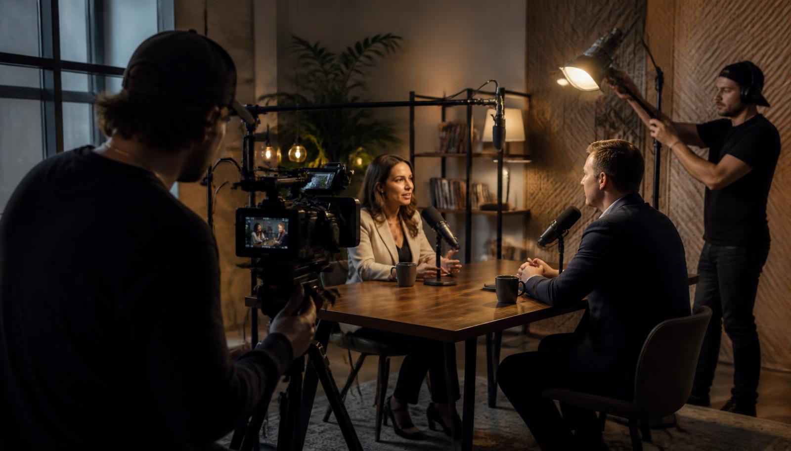 A professional video production crew filming a business podcast interview in a modern studio