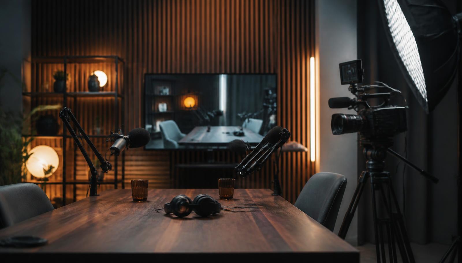 A professional video podcast studio setup with microphones, cameras, and cinematic lighting