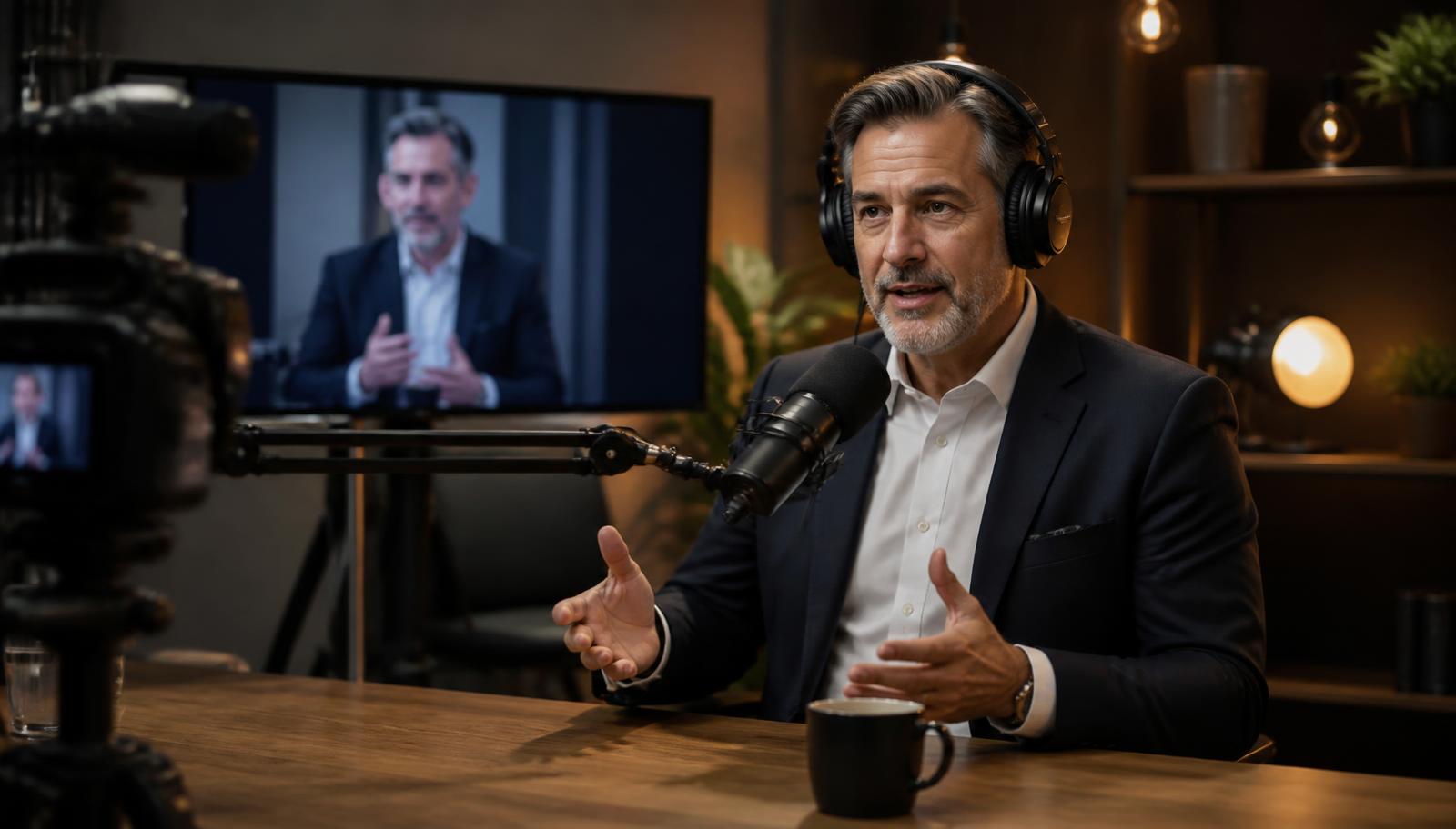 A confident business leader recording a professional video podcast in a modern studio