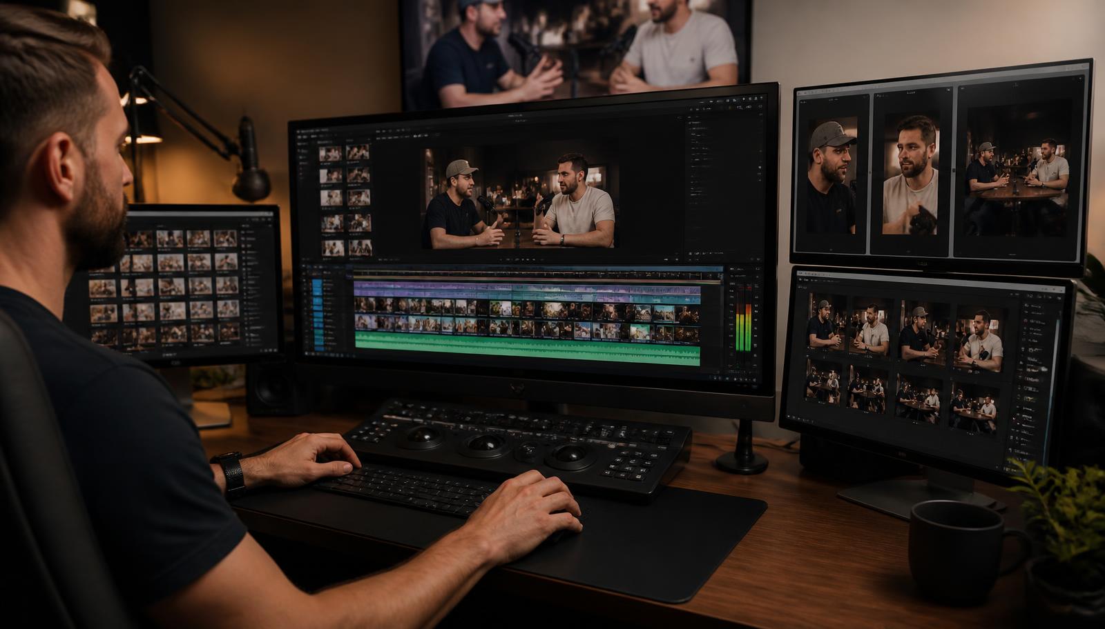 A video production workstation repurposing one podcast into multiple short-form clips for social platforms