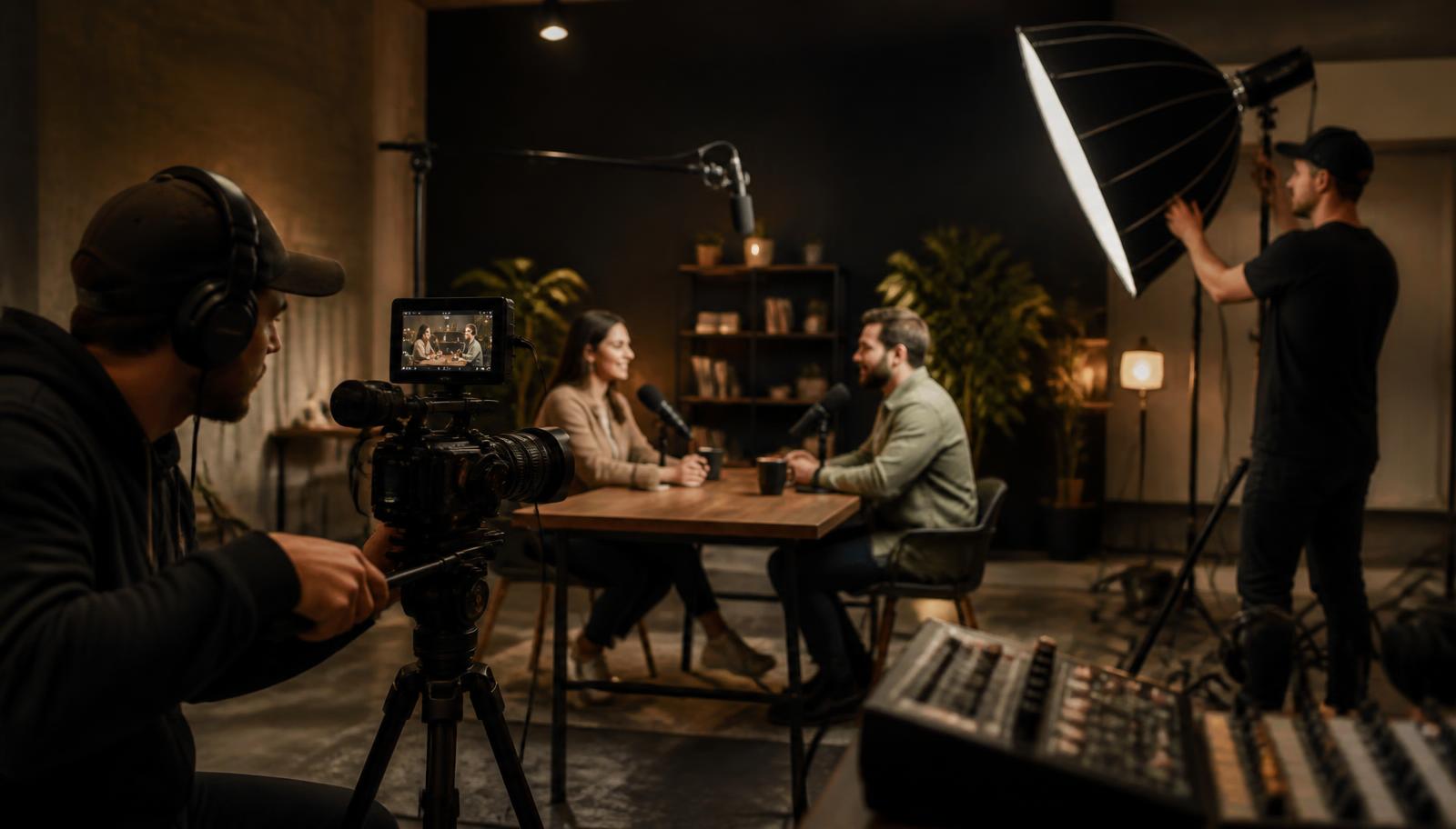 A professional video podcast production team filming a business interview in a modern studio