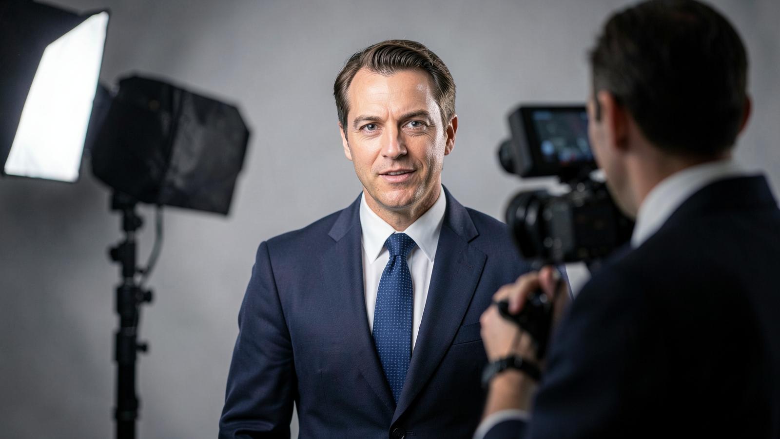 A company leader being filmed on camera in a professional studio