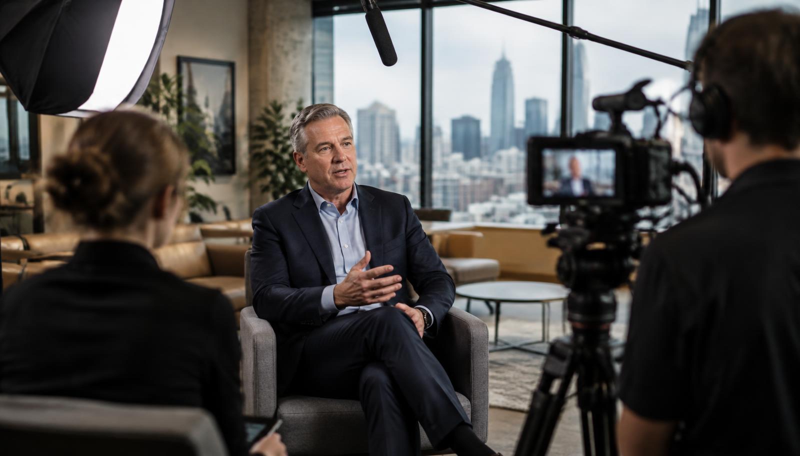 A business executive speaking naturally on camera while a professional video production crew films in a modern Minneapolis studio
