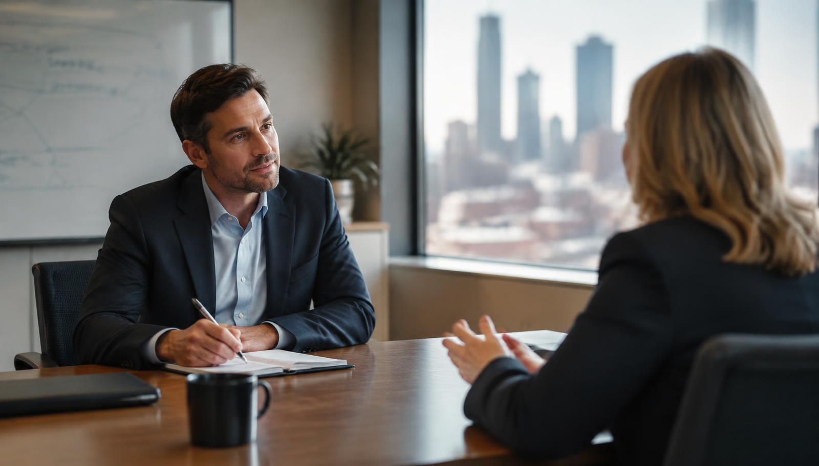 A sales leader capturing the questions prospects ask during a consulting conversation in a modern Minneapolis office