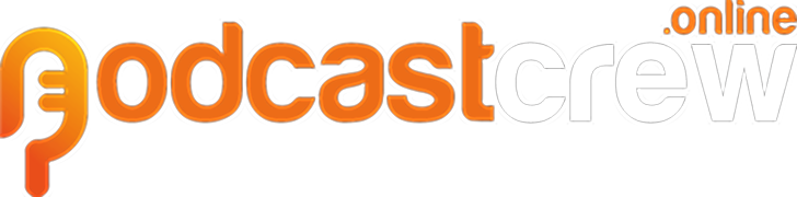PodcastCrew logo featuring stylized text in orange and white, representing the podcasting services offered by PodcastCrew Online.