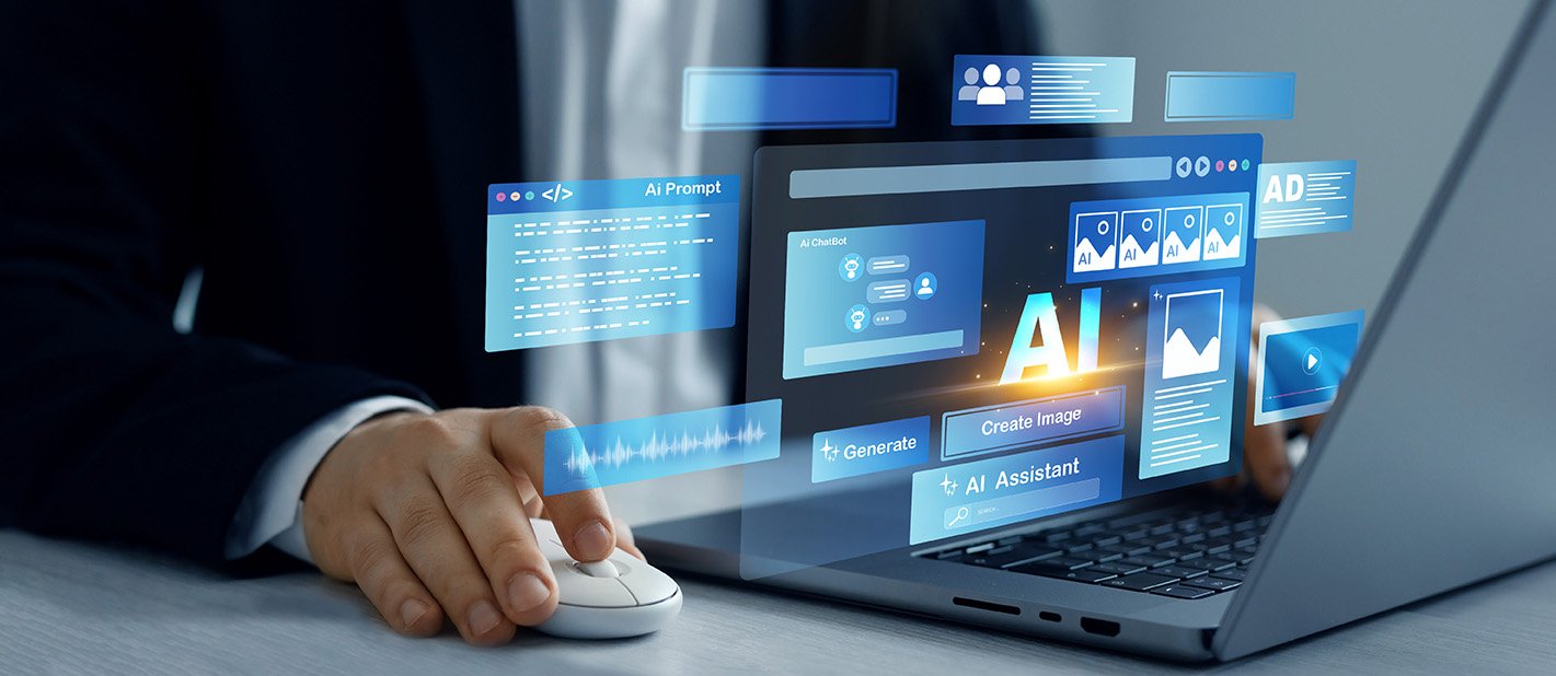 Person using laptop with Ai Content Generator.