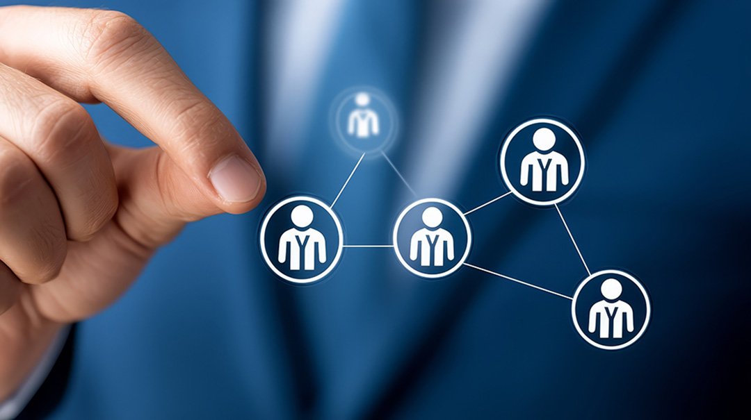 Hand pointing at interconnected icons representing podcast listeners, symbolizing podcast distribution and audience engagement strategies.