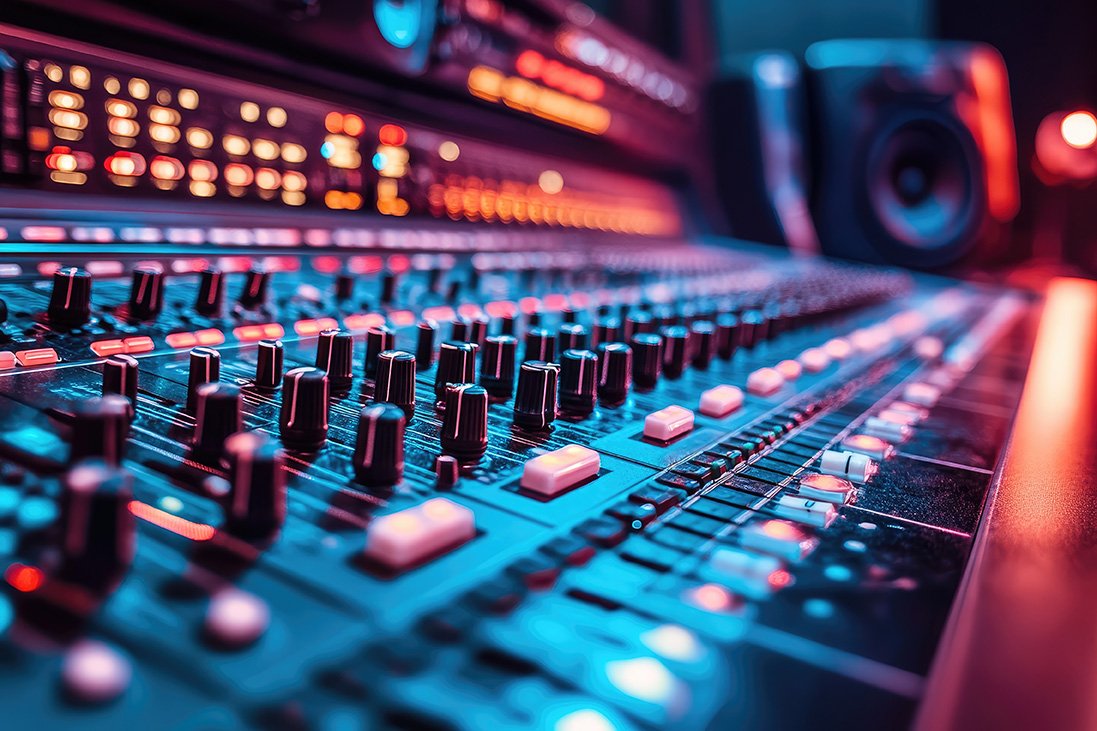 Audio mixer console with illuminated controls and knobs, showcasing features for managing sound levels, ideal for podcasting and audio production setups.