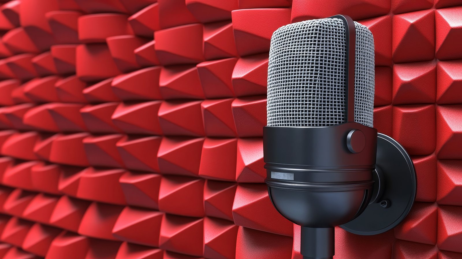 Microphone mounted on wall with red acoustic foam panels, emphasizing professional audio quality for podcasting.
